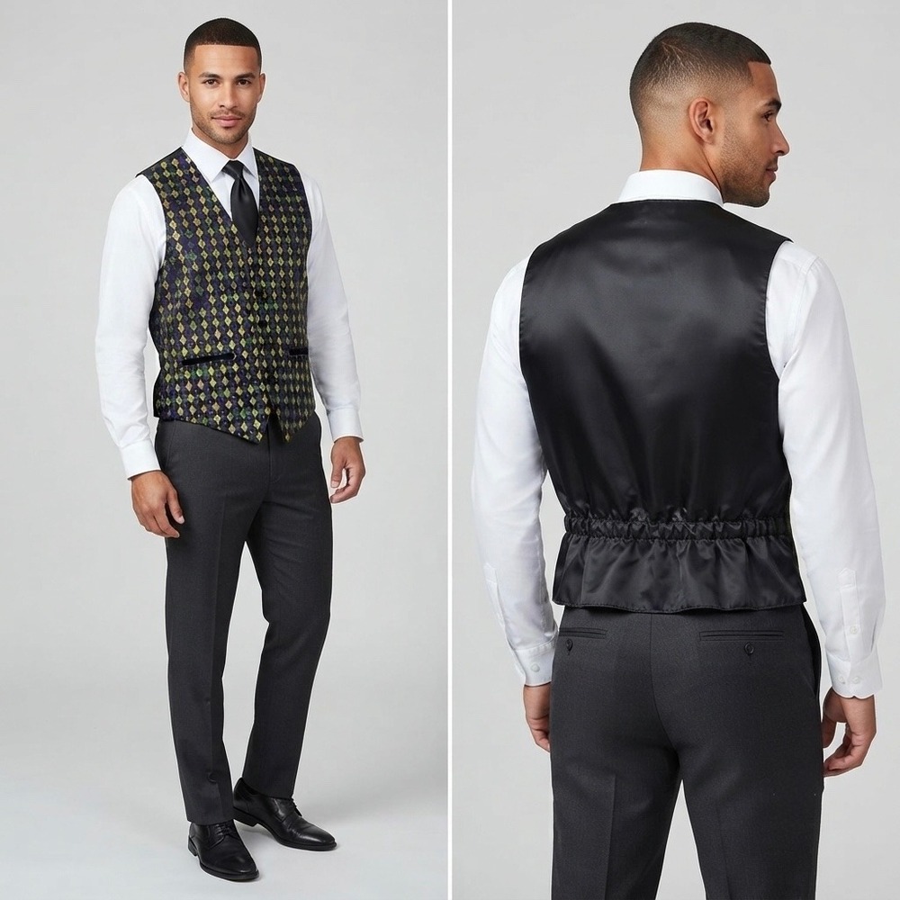 Neil Allyn Men's Tuxedo Vest Large Mardi Gras Harlequin Diamond Green Gold